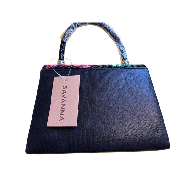 NWT Savanna Beaded Floral Black Handbag With Chain Strap & Top Handle - Picture 5 of 6